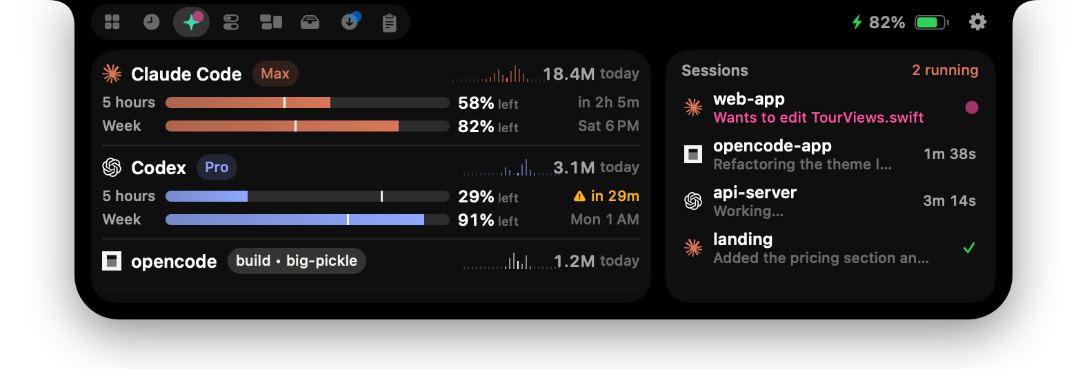 The Agents tab: Claude Code, Codex and opencode usage with live sessions