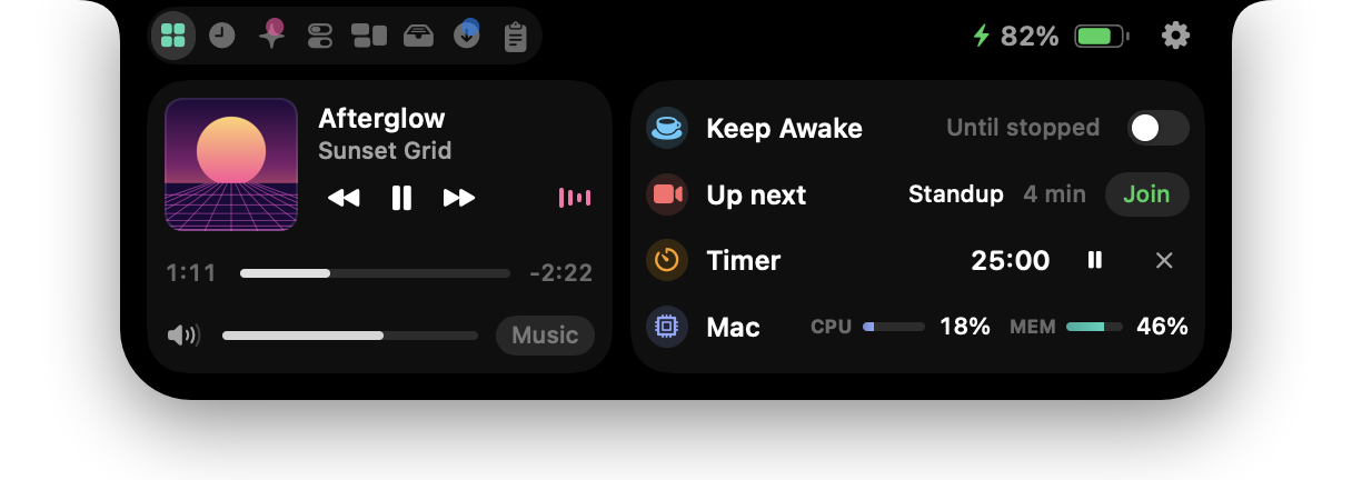 The Home tab of the NotchNull panel