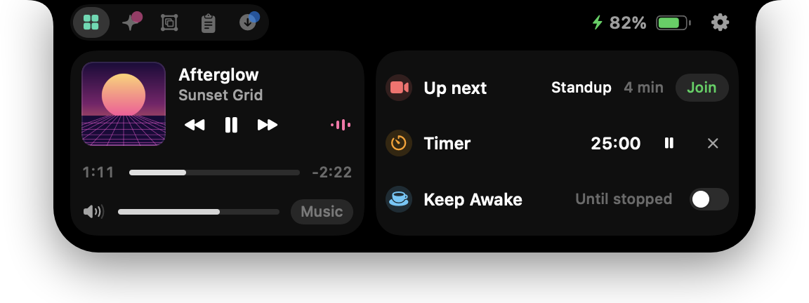 The Balanced preset: The everyday set: agents, music, clipboard, downloads that clean themselves, your widgets.