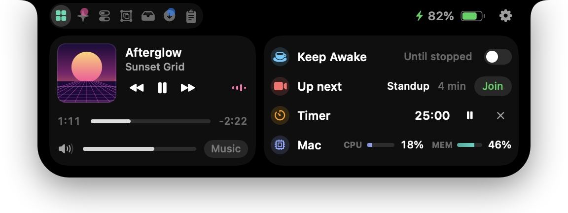 The Complete preset: Everything NotchNull does, the way it ships: every tab, every activity, Mac stats.