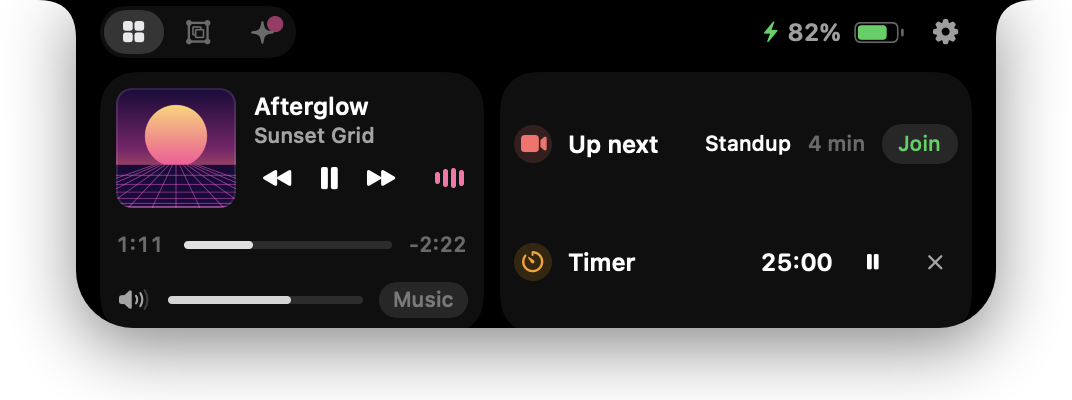The Minimal preset: Music, your widgets and what matters today. Nothing slides out unless it needs you.